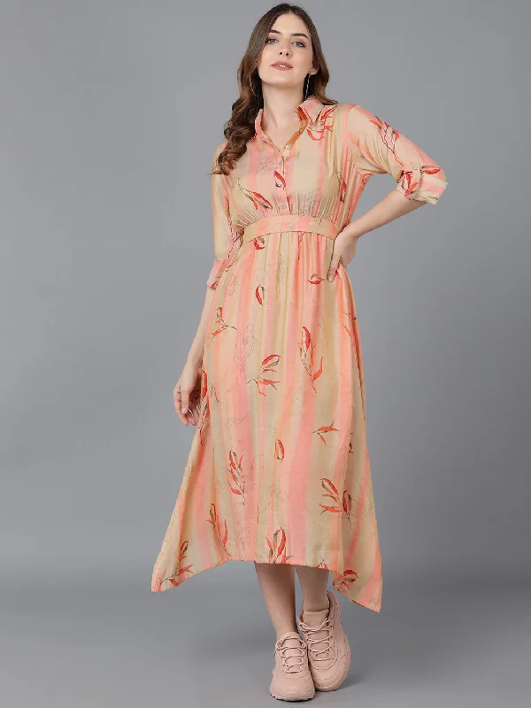 Women's Peach Crepe Striped Printed Dress  - Ahika