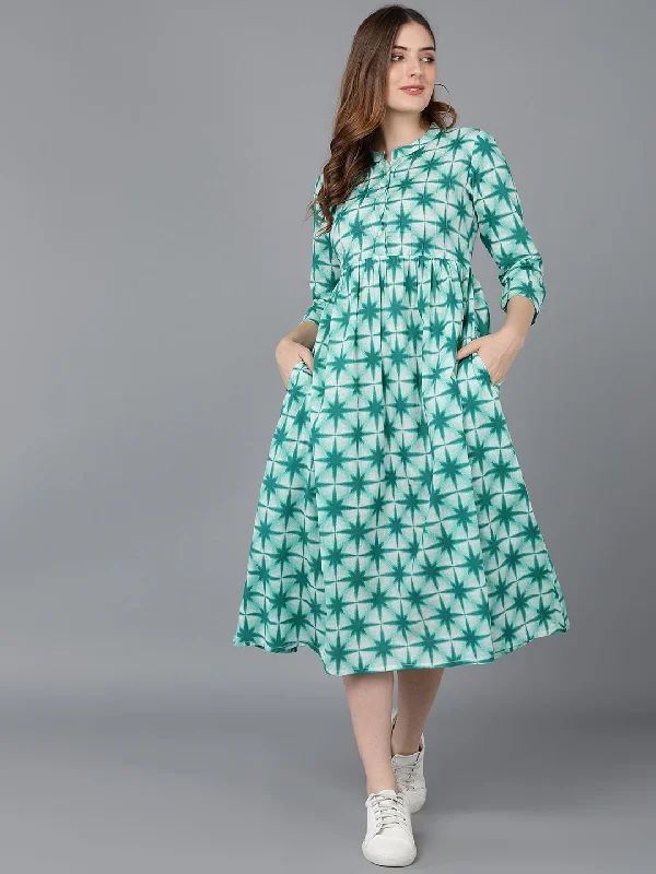Women's Sea Green Cotton Tie And Dye Printed Dress  - Ahika