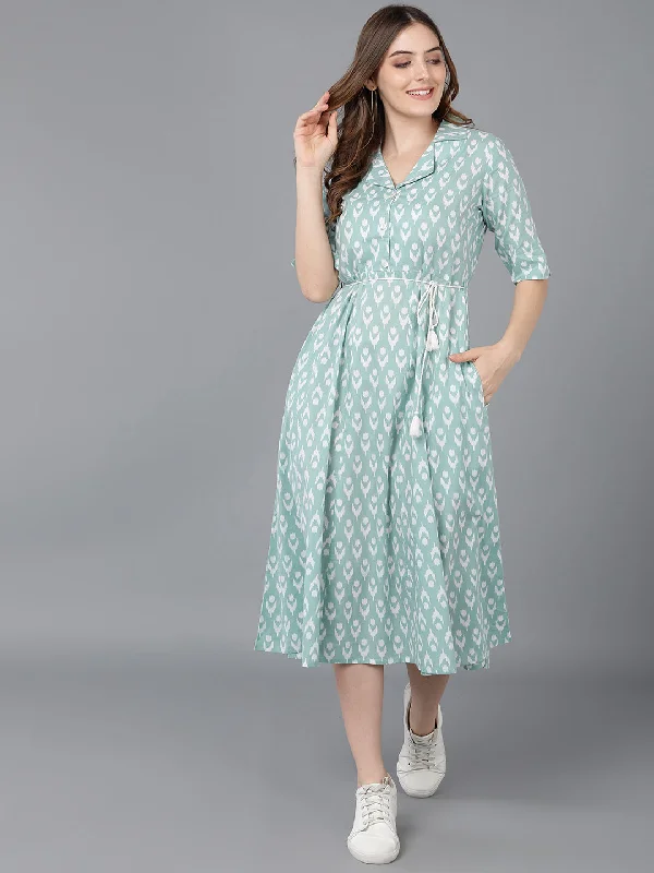 Women's Sea Green Cotton Geometric Printed Dress  - Ahika