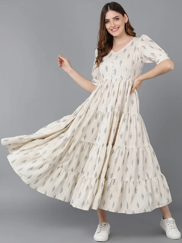 Women's White Cotton Geometric Printed Dress  - Ahika