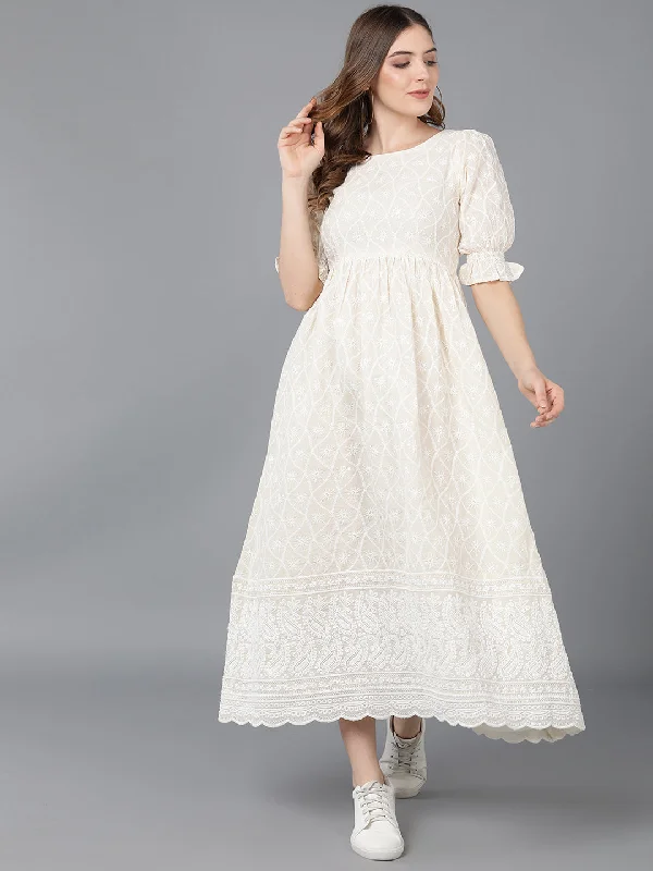 Women's White Cotton Ethnic Motifs Printed Dress  - Ahika