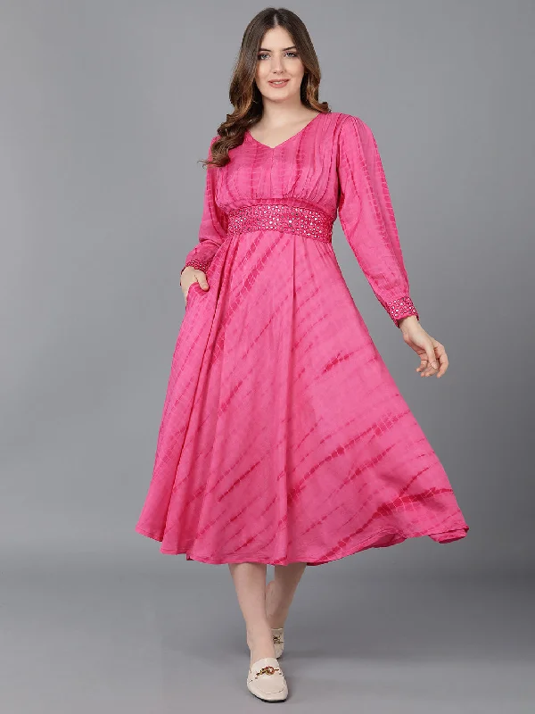 Women's Pink Crepe Tie And Dye Printed Dress  - Ahika