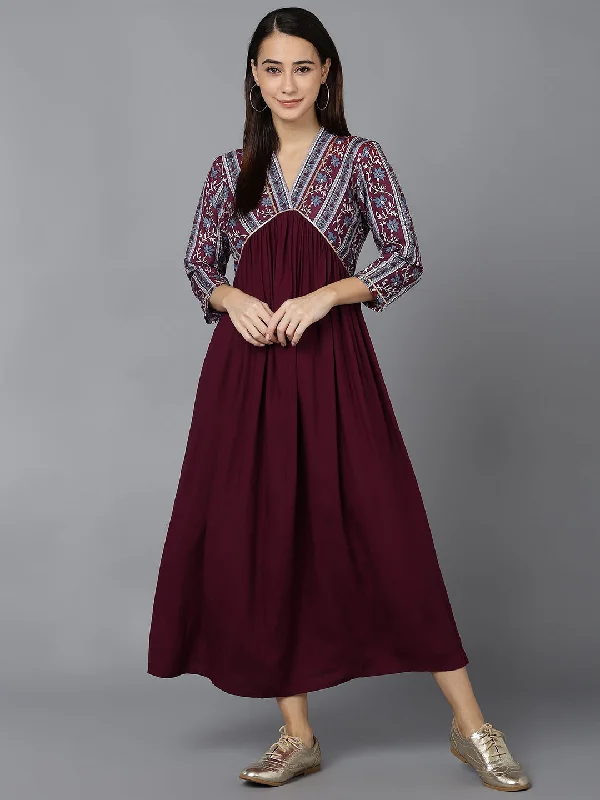 Women's Burgundy Viscose Rayon Solid Printed Dress  - Ahika