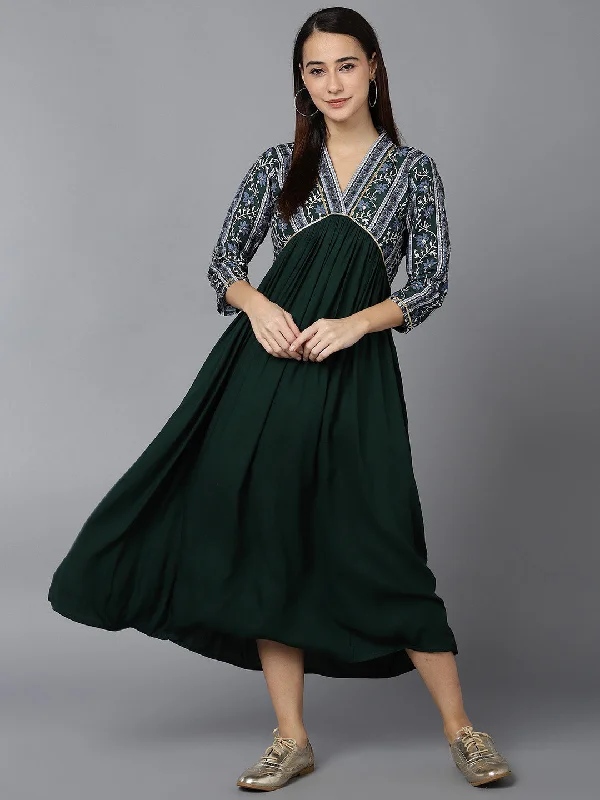 Women's Green Viscose Rayon Solid Printed Dress  - Ahika
