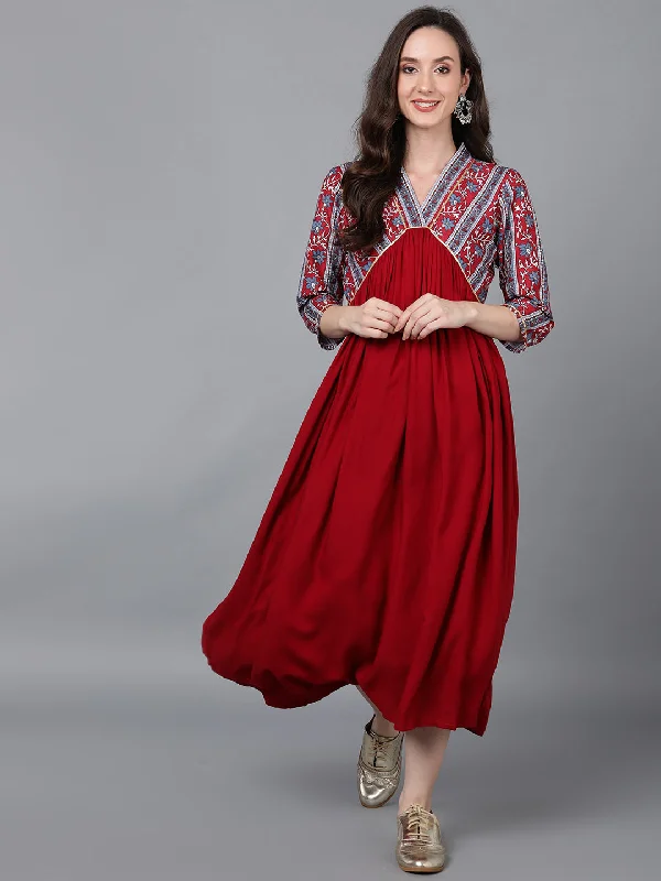 Women's Maroon Viscose Rayon Solid Printed Dress  - Ahika