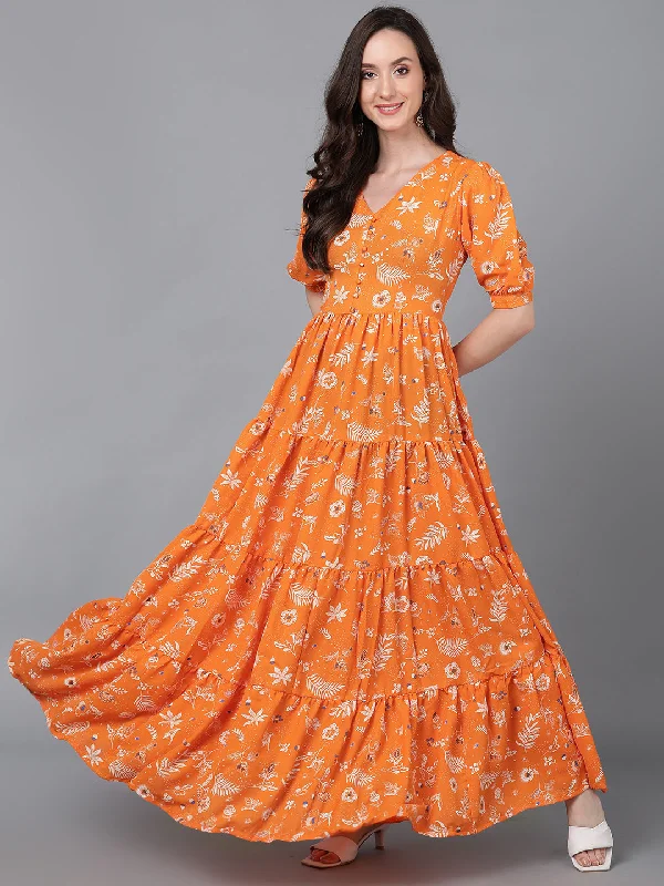 Women's Orange Georgette Abstract Printed Dress  - Ahika