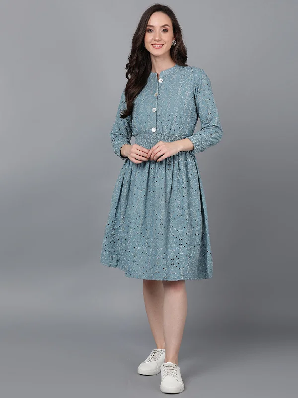 Women's Teal Cotton Solid Printed Dress  - Ahika