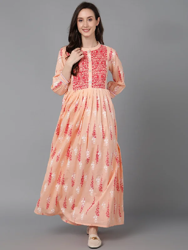 Women's Peach Cotton Abstract Printed Dress  - Ahika