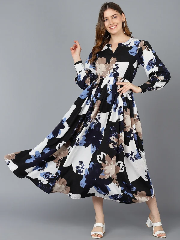 Women's Black Crepe Abstract Printed Dress  - Ahika