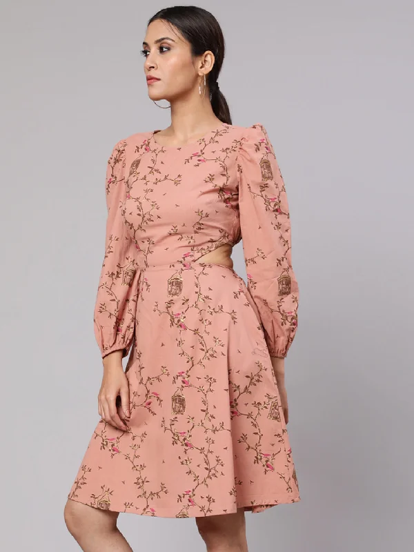 Women's Brown Printed Cut-Out Skater Dress - Aks
