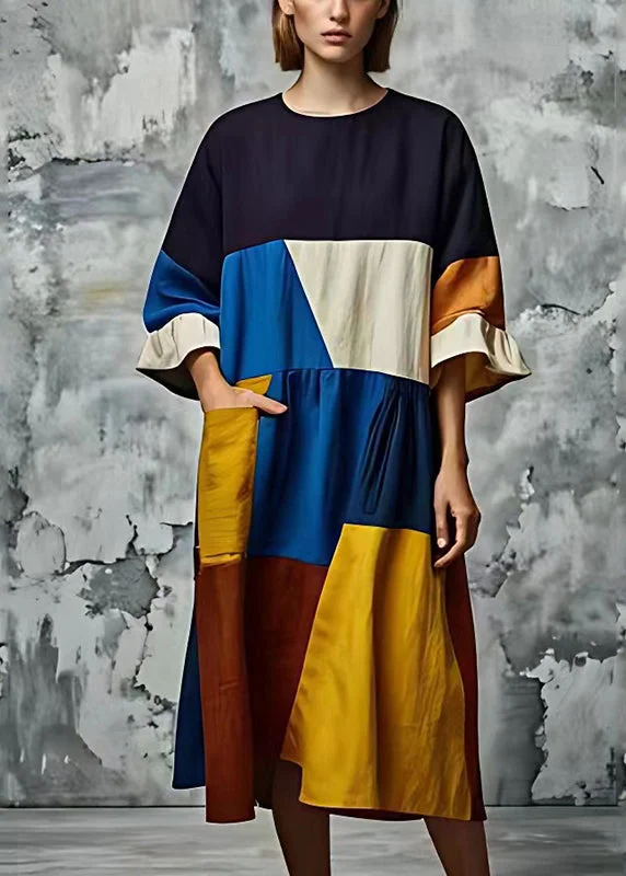 Art Multicolour Asymmetrical Patchwork Cotton Long Dress Summer