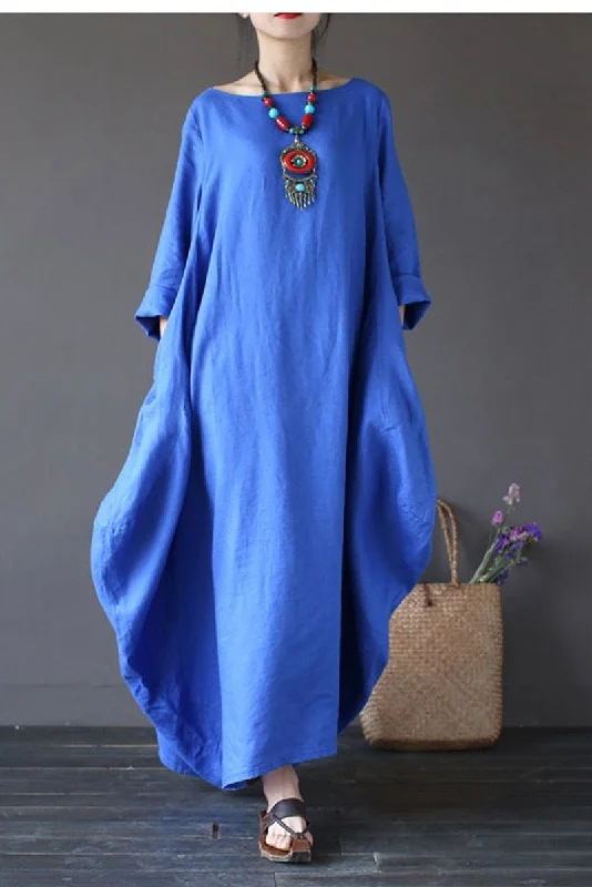 Blue Bat Sleeve Casual Long Dress Plus Size Women Dress