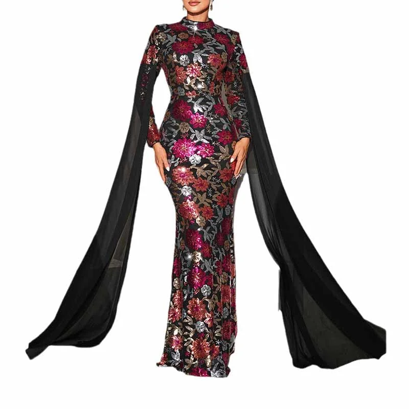 Cape Sleeve Covered Prom Dress Sequined Wedding Bridal Dress Event Party Gowns