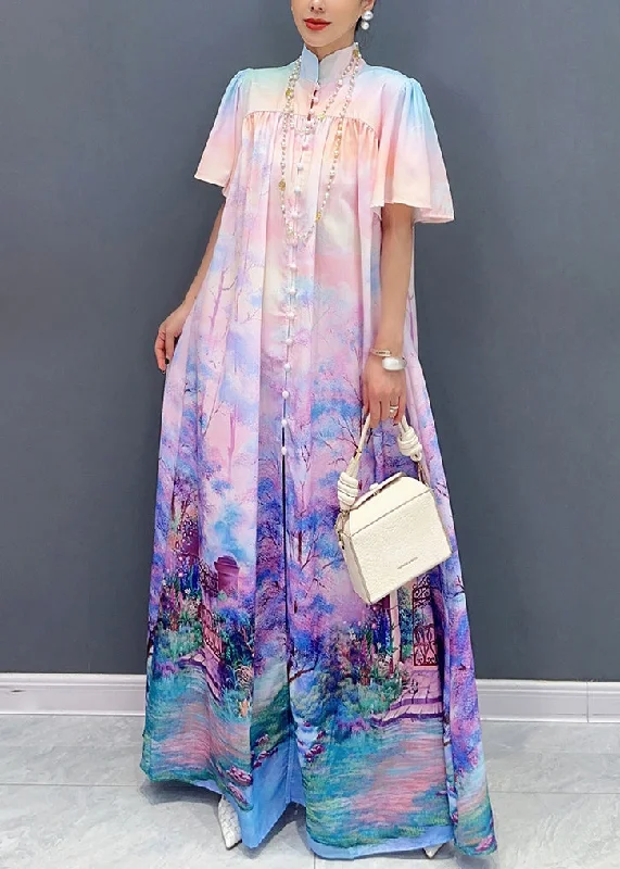 Chic Violet Print Tie Waist Cotton Shirts Long Dresses Summer