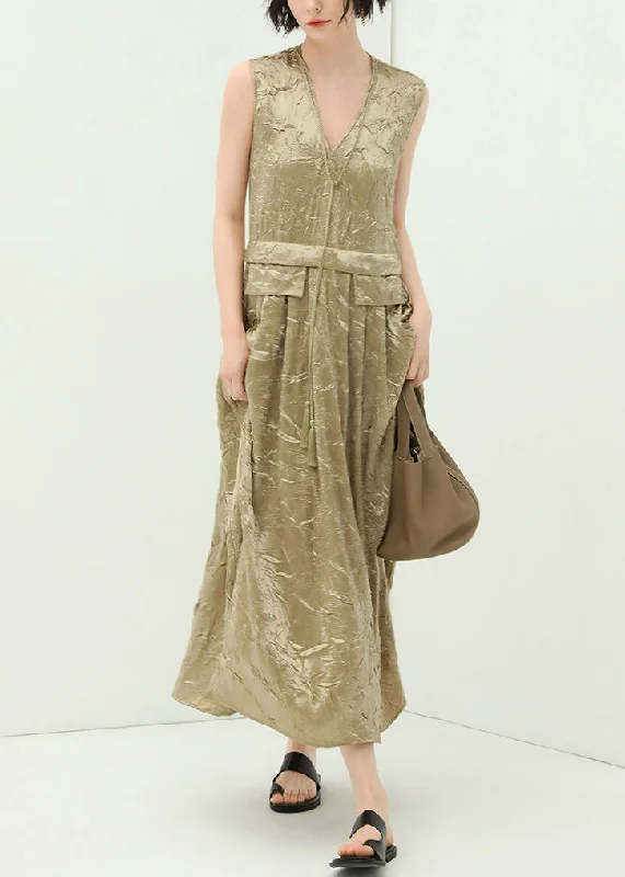 New Champagne V Neck Tasseled Silk Long Dresses Sleeveless