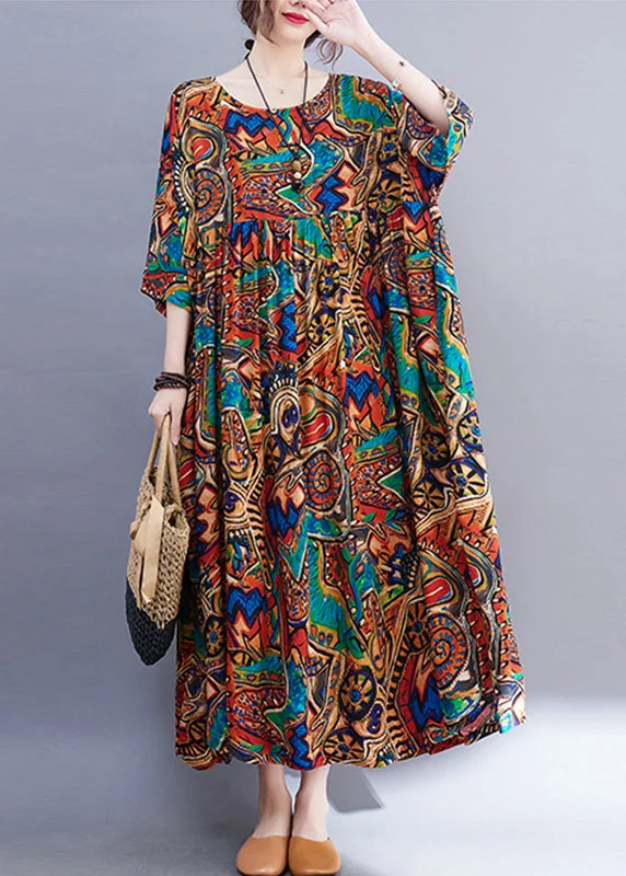 Orange Print Wrinkled Long Dresses Short Sleeve