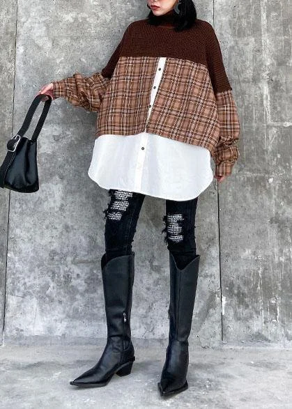 Oversized chocolate Sweater Blouse lapel patchwork plus size spring knit tops