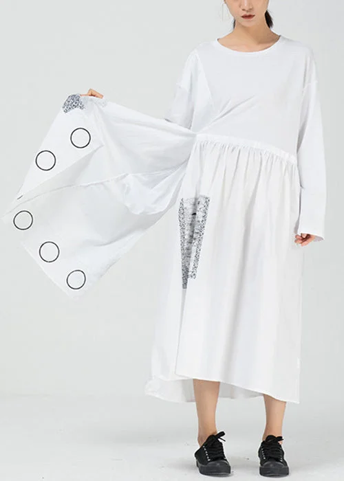 White Pockets Patchwork Cotton Long Dress O Neck Spring