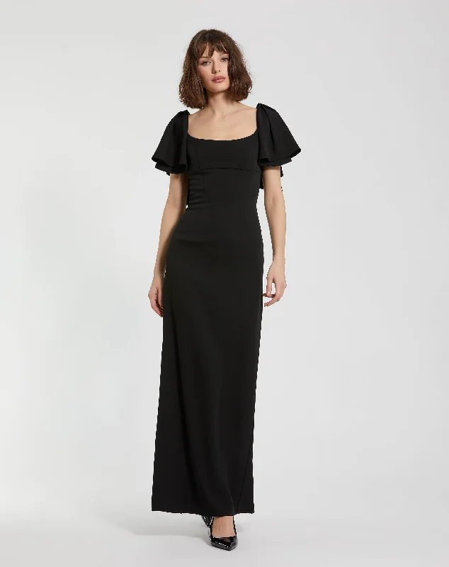 Crepe Fitted Long Dress With Short Ruffle Sleeves Tunics Trendy modern