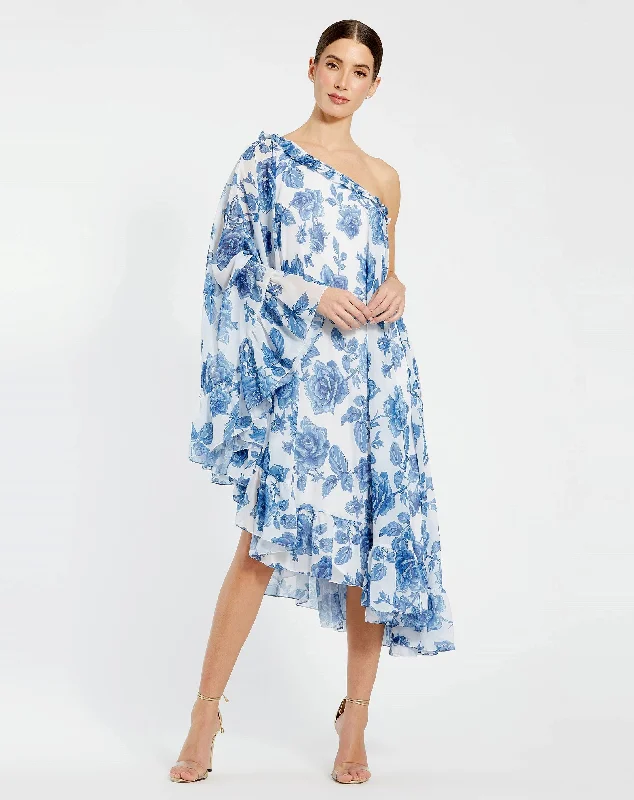 Floral Print One Shoulder Cape Dress Tunics Sophisticated sleek