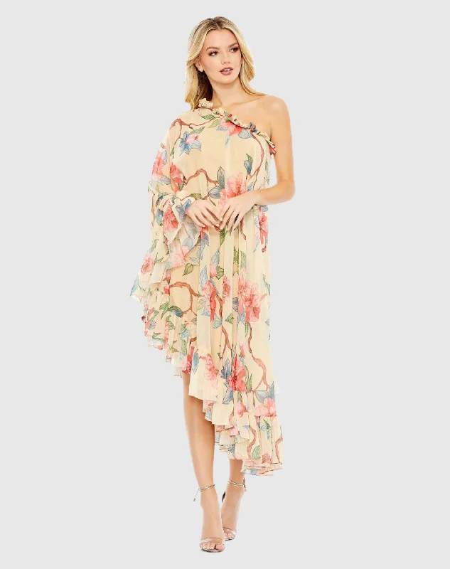 Floral Print One Shoulder Cape Dress Tunics Luxurious premium
