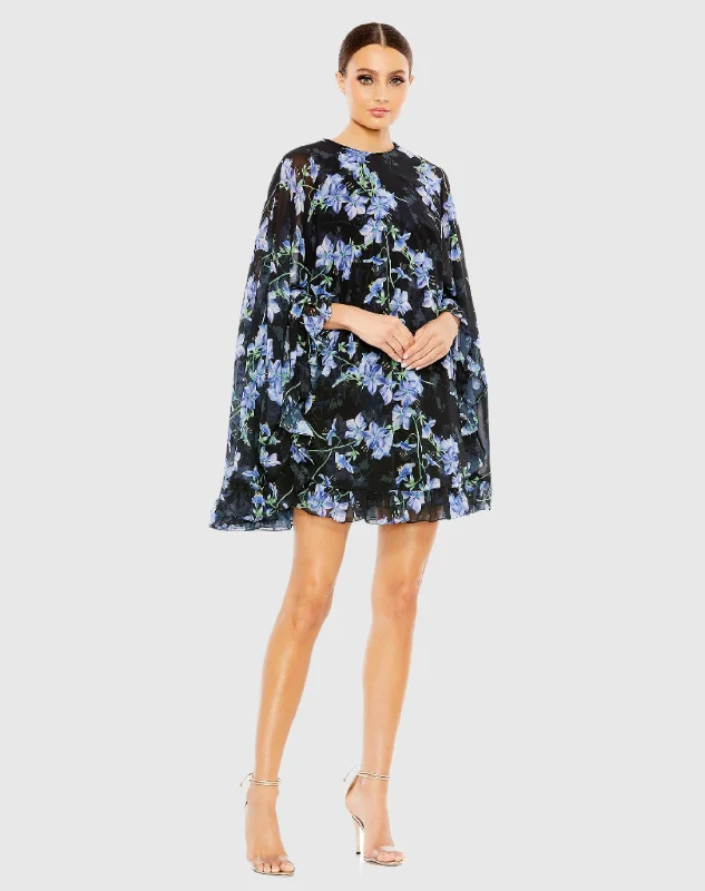 Floral Print High Neck Ruffle Hem Cape Mini Dress Tunics Practical durable