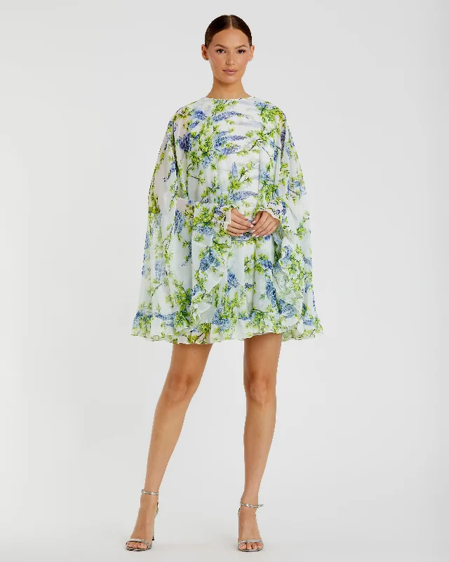 Floral Print High Neck Ruffle Hem Cape Mini Dress Tunics Stylish elegant