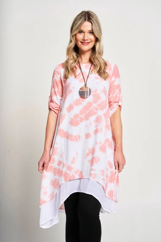 Saloos Tie Dye Ruched Sleeve Dress with Necklace Tunics Ceremony elegant