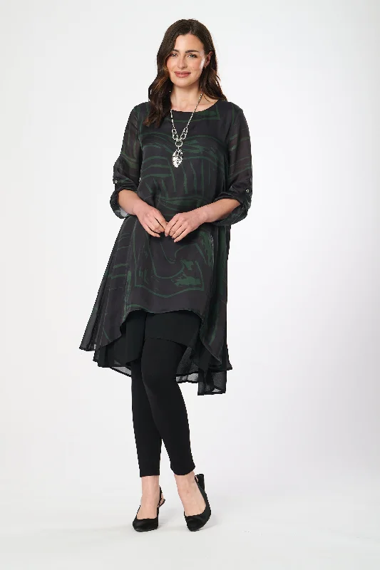 Saloos Ruched Sleeve A-line Dress with Necklace Tunics Gym athletic