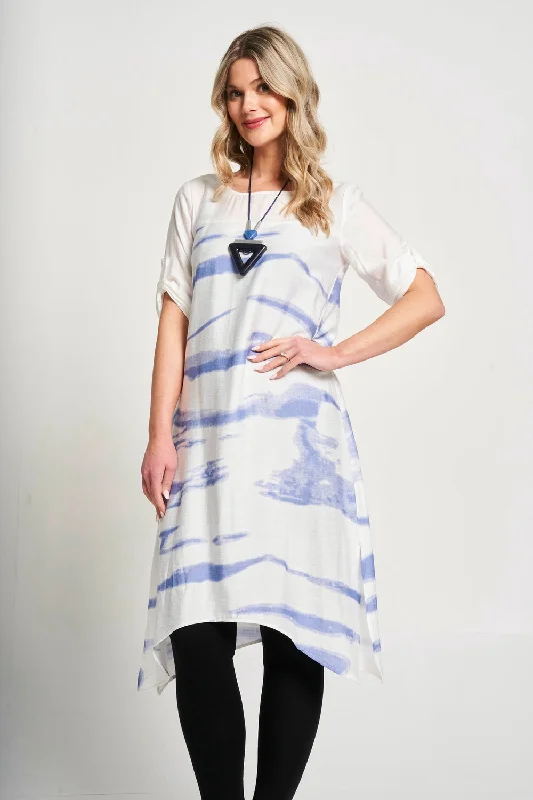 Saloos Ruched Sleeve Print Dress with Necklace Tunics Bridal satin