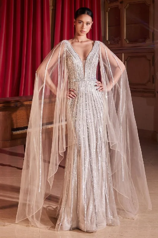 Andrea & Leo Couture CD865 Size 12 Platinum Long Shimmer Formal Dress Crystal Cape Sleeve Pageant Prom Mother Of Maxi Flowy Bohemian Andrea & Leo Couture CD865 Size 12 Platinum Long Shimmer Formal Dress Crystal Cape Sleeve Pageant Prom Mother Of Maxi Flowy Bohemian