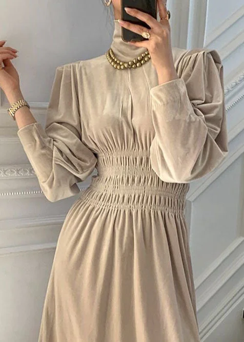 Art Beige Turtle Neck Elastic Waist Silk Velour Holiday Dress Lantern Sleeve Tunics Ceremony elegant