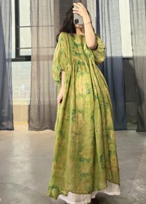 Art Green Oversized Patchwork Print Linen Long Dresses Summer Tunics Bridal satin