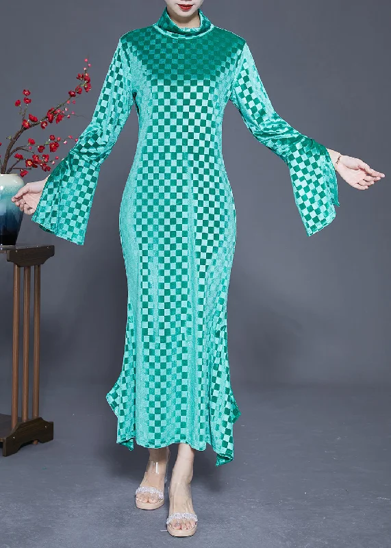 Art Green Stand Collar Plaid Side Open Silk Velour Long Dress Flare Sleeve Tunics Formal black