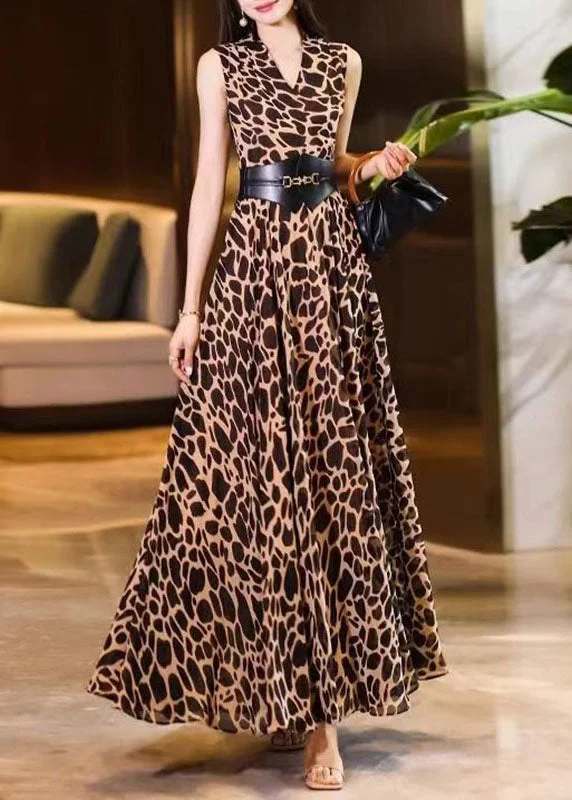 Art Leopard Print V Neck Sashes Chiffon Long Dresses Summer Tunics Prom sequined