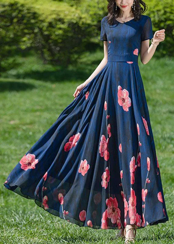 Art Navy Print Patchwork High Waist Chiffon Long Dress Short Sleeve Tunics Wedding white Art Navy Print Patchwork High Waist Chiffon Long Dress Short Sleeve Tunics Wedding white