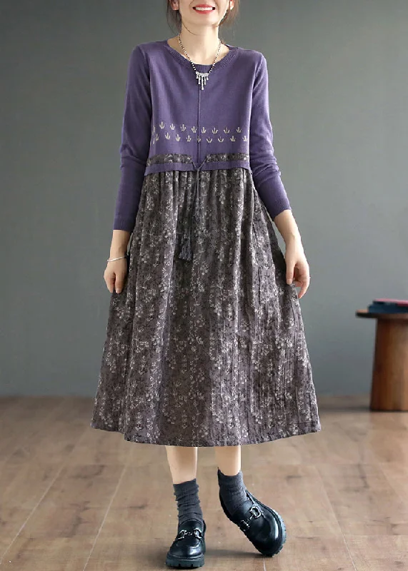Art Purple Print Lace Up Patchwork Knitting Long Dress Fall Tunics Hiking breathable Art Purple Print Lace Up Patchwork Knitting Long Dress Fall Tunics Hiking breathable