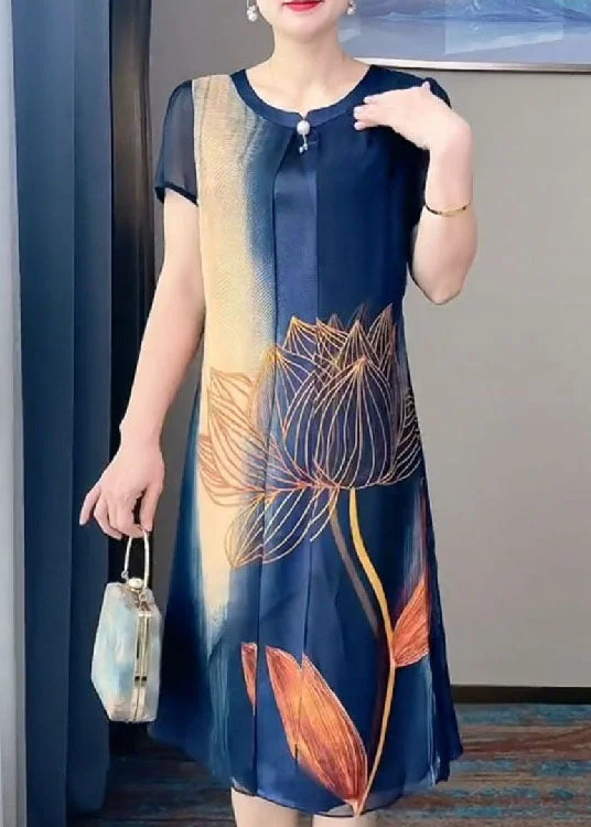 Art Tibetan Blue O-Neck Tulle Patchwork Silk Long Dresses Short Sleeve Tunics Travel practical Art Tibetan Blue O-Neck Tulle Patchwork Silk Long Dresses Short Sleeve Tunics Travel practical