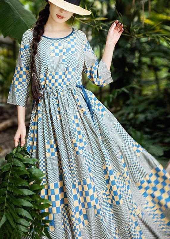 Art Yellow Blue Plaid tie waist Dress Summer Linen Dress Tunics Party sparkling