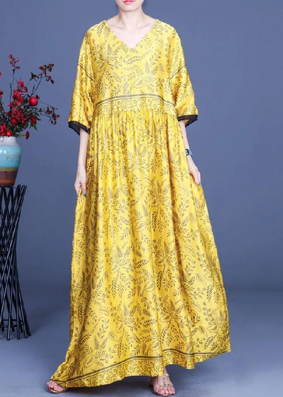 Art Yellow Print Silk Loose Long Dresses Summer Tunics Evening elegant