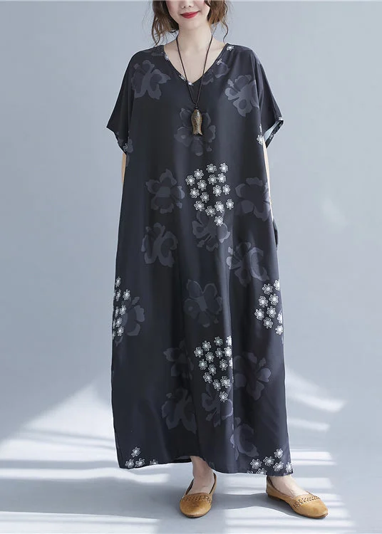 Baggy Black V Neck Snowflake Print Chiffon Long Dresses Short Sleeve Tunics Business professional Baggy Black V Neck Snowflake Print Chiffon Long Dresses Short Sleeve Tunics Business professional