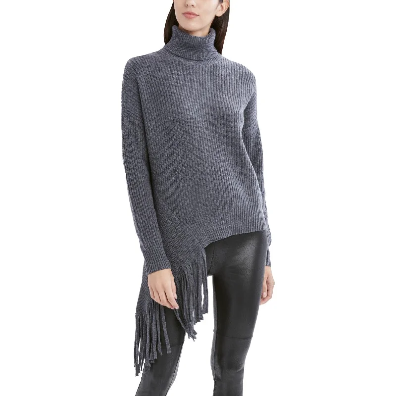 BCBG Max Azria Women's Asymmetrical Ribbed Knit Fringed Trim Turtleneck Sweater