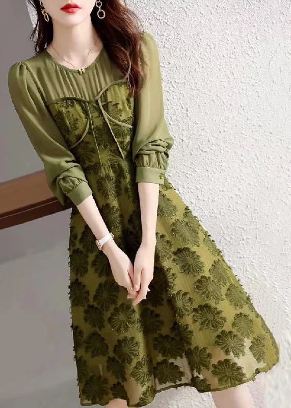 Beautiful Army Green O Neck High Waist Patchwork Chiffon Dresses Fall Tunics Lace romantic Beautiful Army Green O Neck High Waist Patchwork Chiffon Dresses Fall Tunics Lace romantic