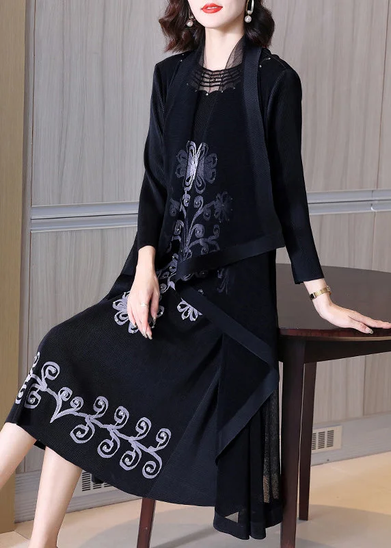 Beautiful Black Embroidered Floral Wrinkled Party Long Dress Spring Tunics Fleece cozy Beautiful Black Embroidered Floral Wrinkled Party Long Dress Spring Tunics Fleece cozy