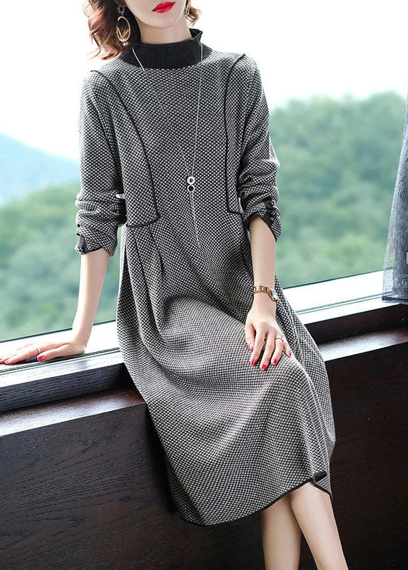Beautiful Black High Neck Plaid Wrinkled Knitted Long Dress Winter Tunics Canvas sturdy Beautiful Black High Neck Plaid Wrinkled Knitted Long Dress Winter Tunics Canvas sturdy