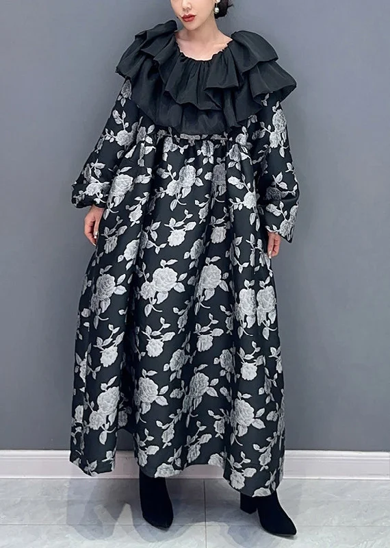 Beautiful Black Ruffled Print Patchwork Cotton Long Dress Fall Tunics Polka dots