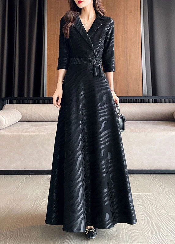 Beautiful Black Striped Patchwork Tie Waist Silk A line Long Dresses Half Sleeve Tunics Velvet soft Beautiful Black Striped Patchwork Tie Waist Silk A line Long Dresses Half Sleeve Tunics Velvet soft
