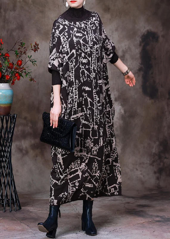 Beautiful Black Turtleneck Print Knit Patchwork Long Dress Long Sleeve Tunics Distressed trendy Beautiful Black Turtleneck Print Knit Patchwork Long Dress Long Sleeve Tunics Distressed trendy
