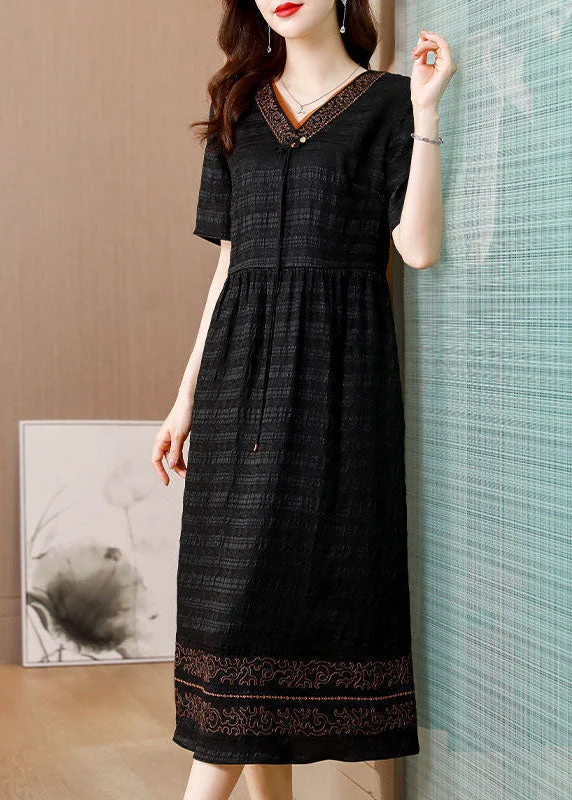 Beautiful Black V Neck Wrinkled Silk Long Dress Summer Tunics Solid Classic