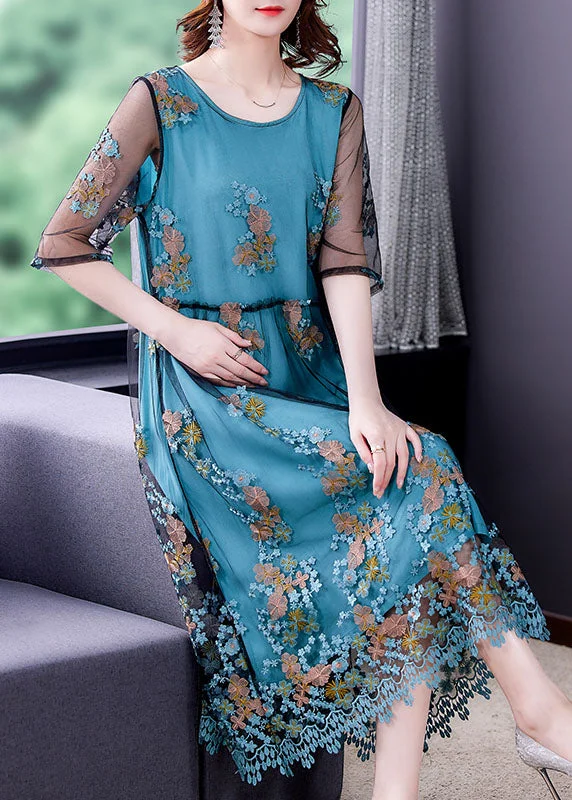 Beautiful Blue Embroidered Tulle Patchwork Silk Long Dresses Half Sleeve Tunics Chinos classic Beautiful Blue Embroidered Tulle Patchwork Silk Long Dresses Half Sleeve Tunics Chinos classic
